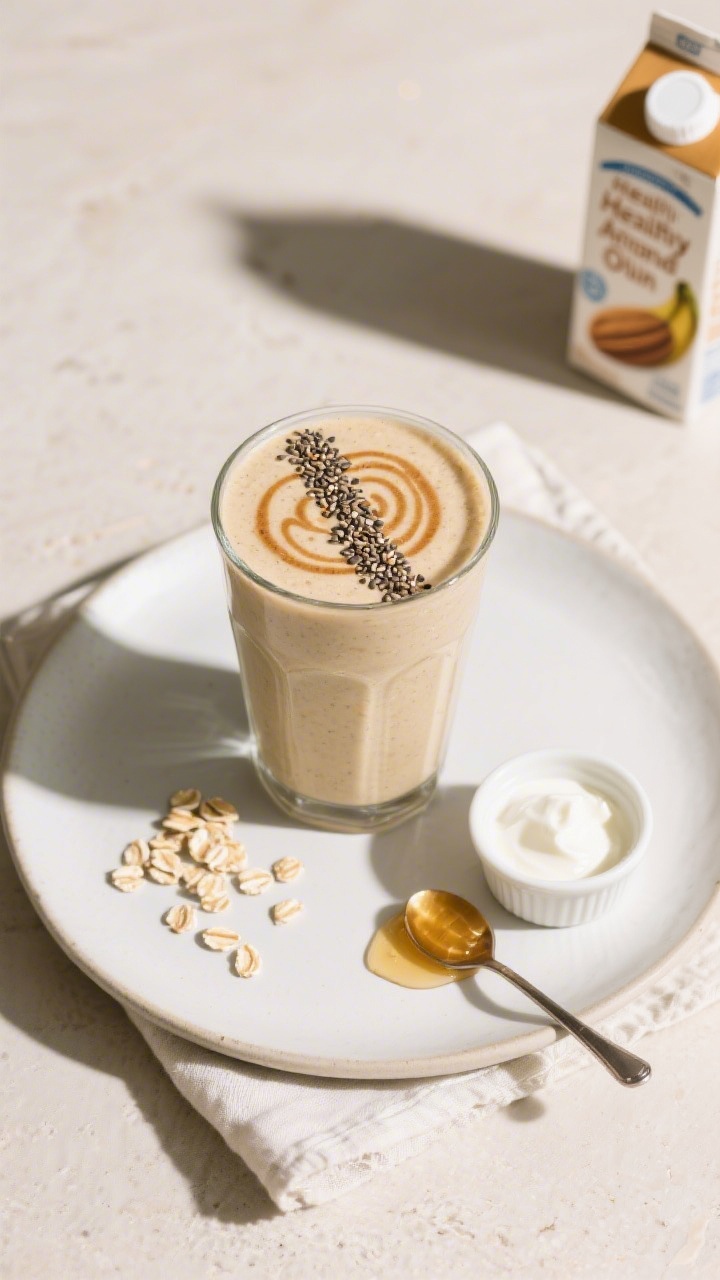 Overhead final presentation of the Healthy Banana Oats Smoothie served in a tall glass on a matte wh