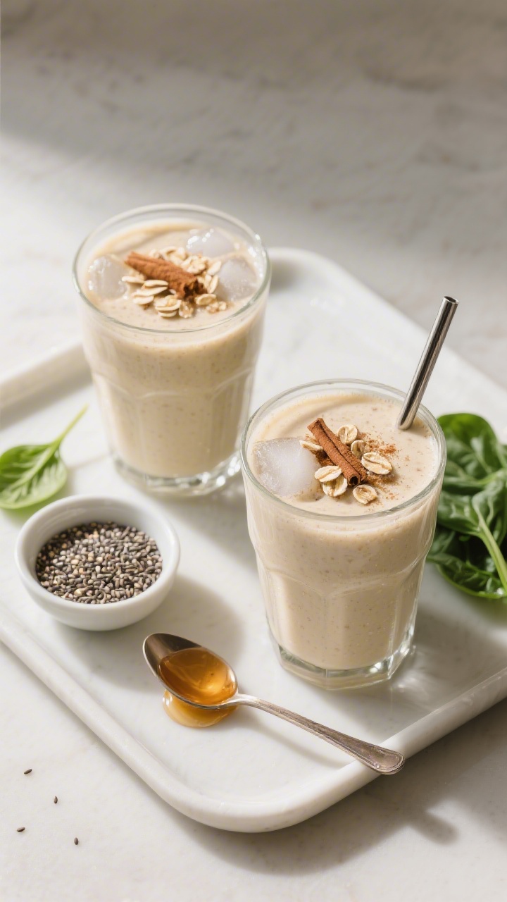 Overhead final presentation: Two glasses of the banana smoothie thick and frosty (made with frozen b