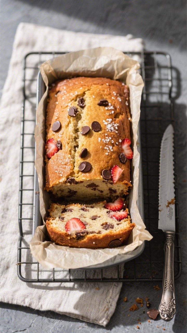 Overhead process shot: Freshly baked loaf of chocolate chip strawberry banana bread in a parchment-l