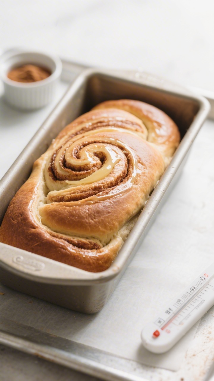 Overhead process shot of the shaped, fully proofed cinnamon-swirl loaf in a 9x5-inch pan, crowned ab