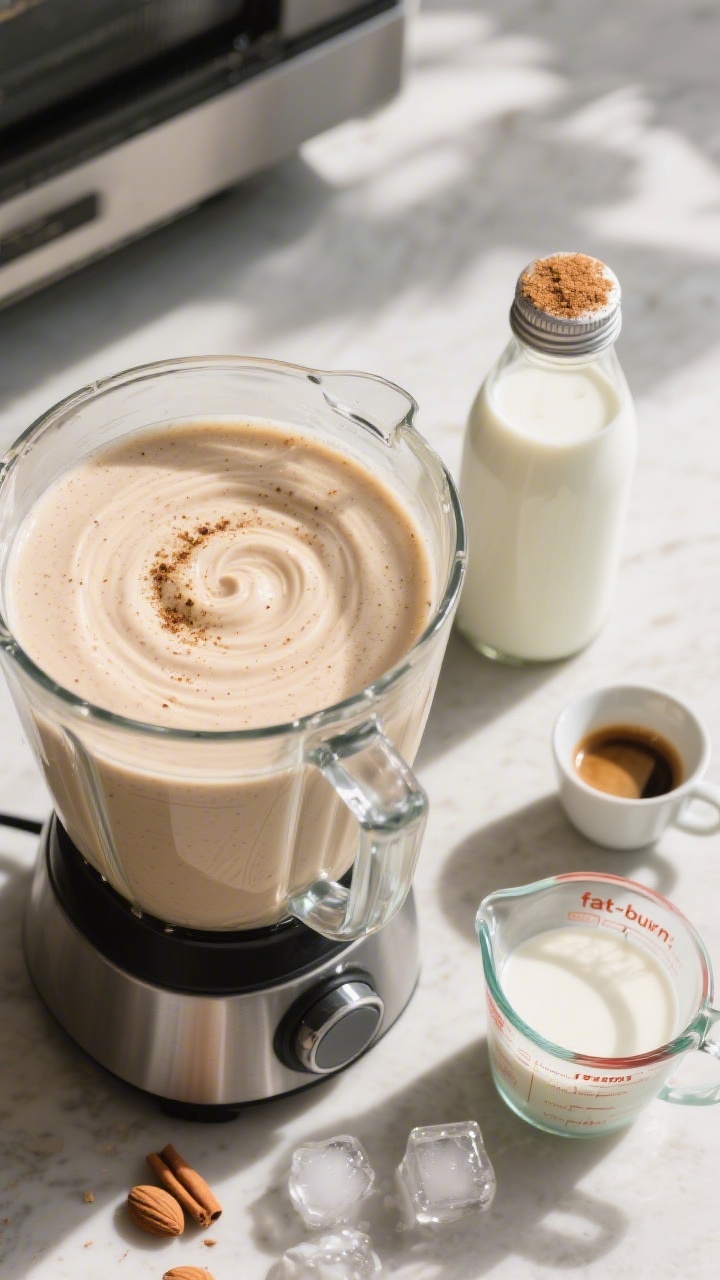 Overhead process shot of the smoothie in a high-speed blender at the end of blending, showing a perf