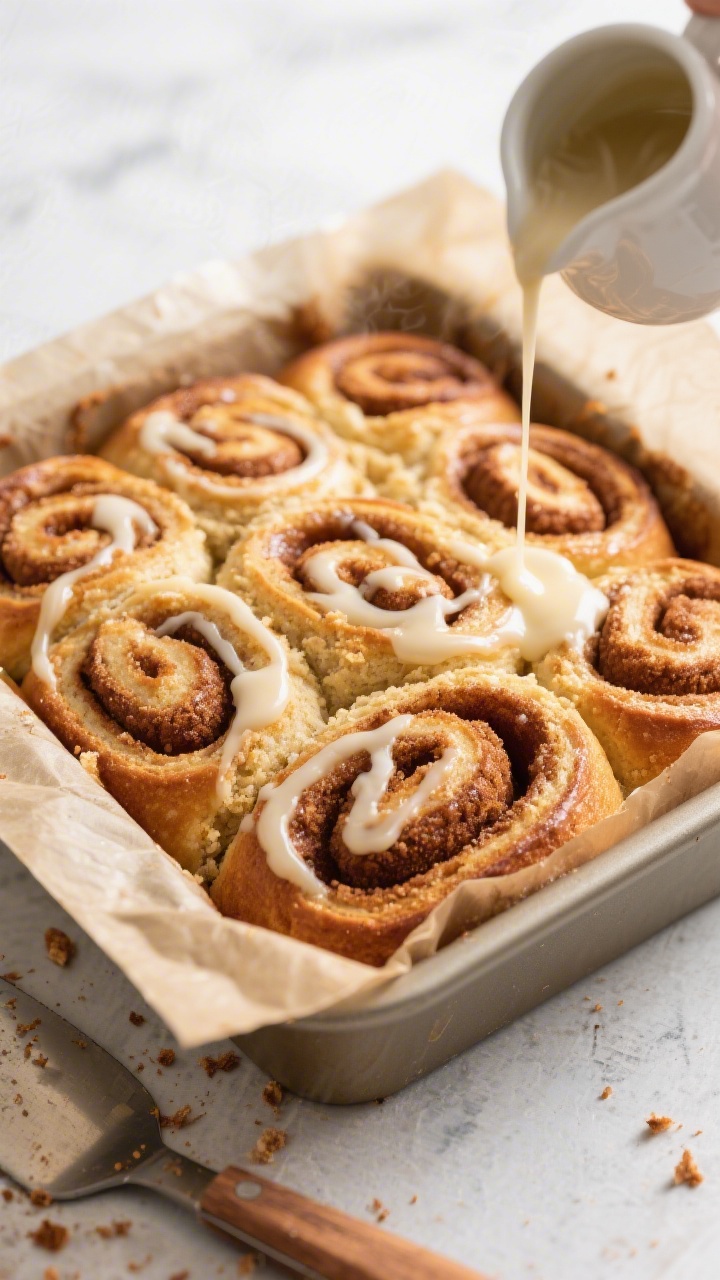 Overhead shot of a freshly baked cinnamon roll coffee cake in an 8x8 parchment-lined pan, warm and j