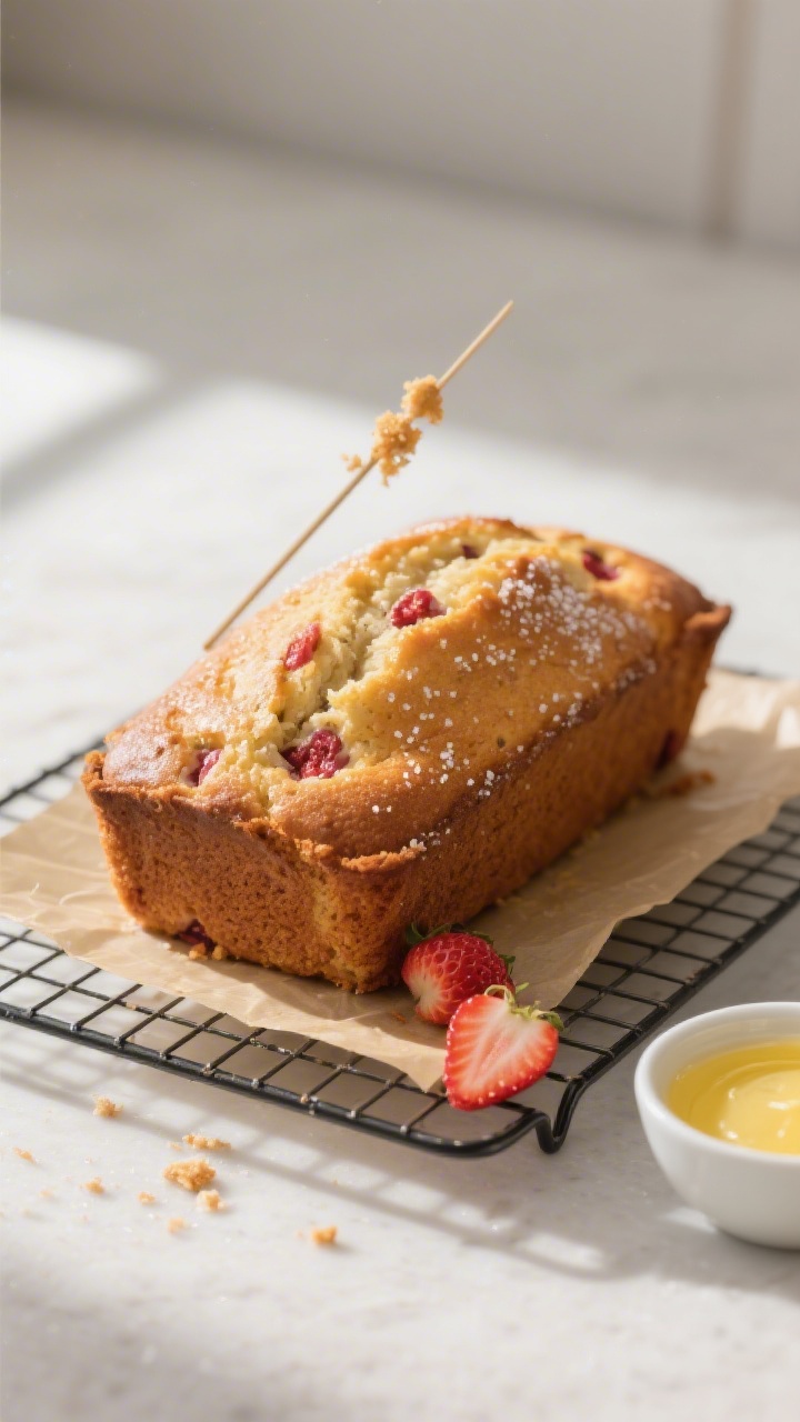 Overhead shot of a freshly baked strawberry banana loaf just out of the pan, resting on a wire rack