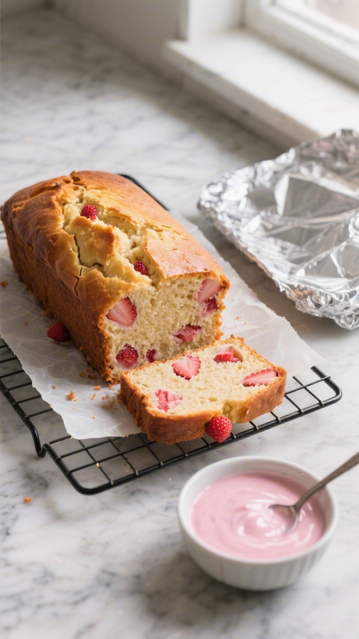 Overhead shot of a freshly baked strawberry bread loaf cooling on a wire rack with parchment overhan