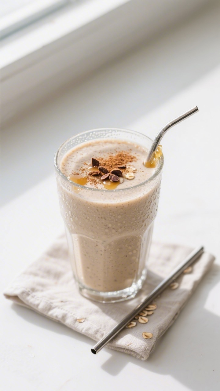 Overhead shot of a freshly blended Banana Oat Breakfast Smoothie poured into a clear highball glass,