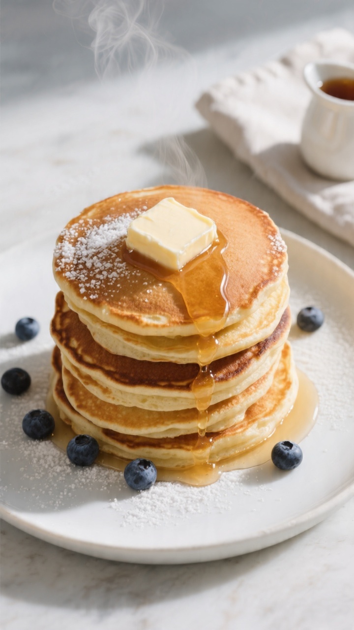 Overhead shot of a tall stack of golden-brown homemade pancakes on a matte white plate, squares of m