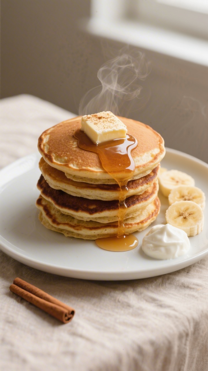 Overhead shot of a tall stack of vegan cinnamon pancakes on a matte white plate, golden-brown with c