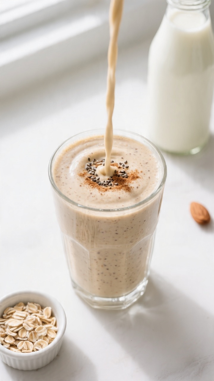 Overhead shot of a thick, freshly blended Banana Oat Smoothie poured into a chilled clear glass, vel