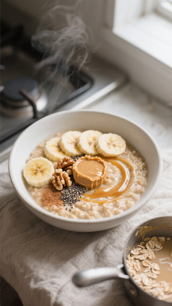 Overhead shot of a warm Creamy Banana Oatmeal Bowl just finished on the stovetop and ladled into a m