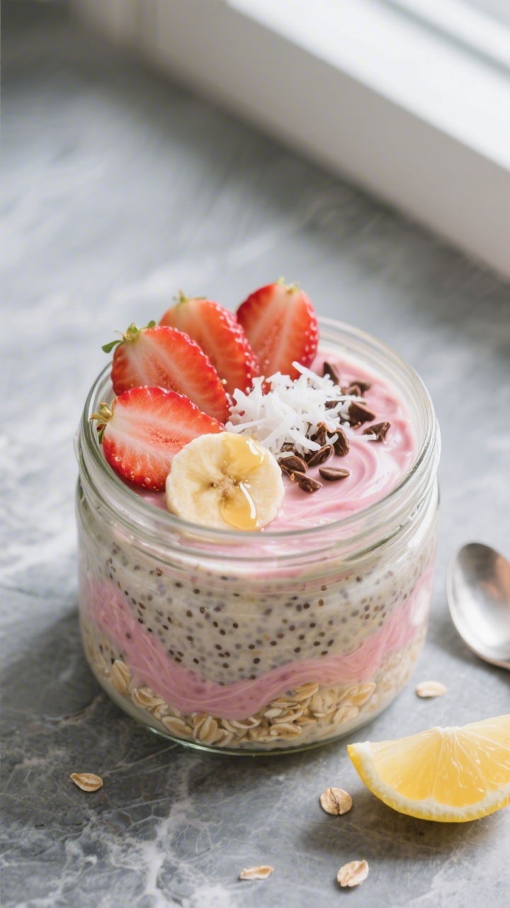 Overhead shot of strawberry banana overnight oats just after chilling, stirred and fluffed in a clea