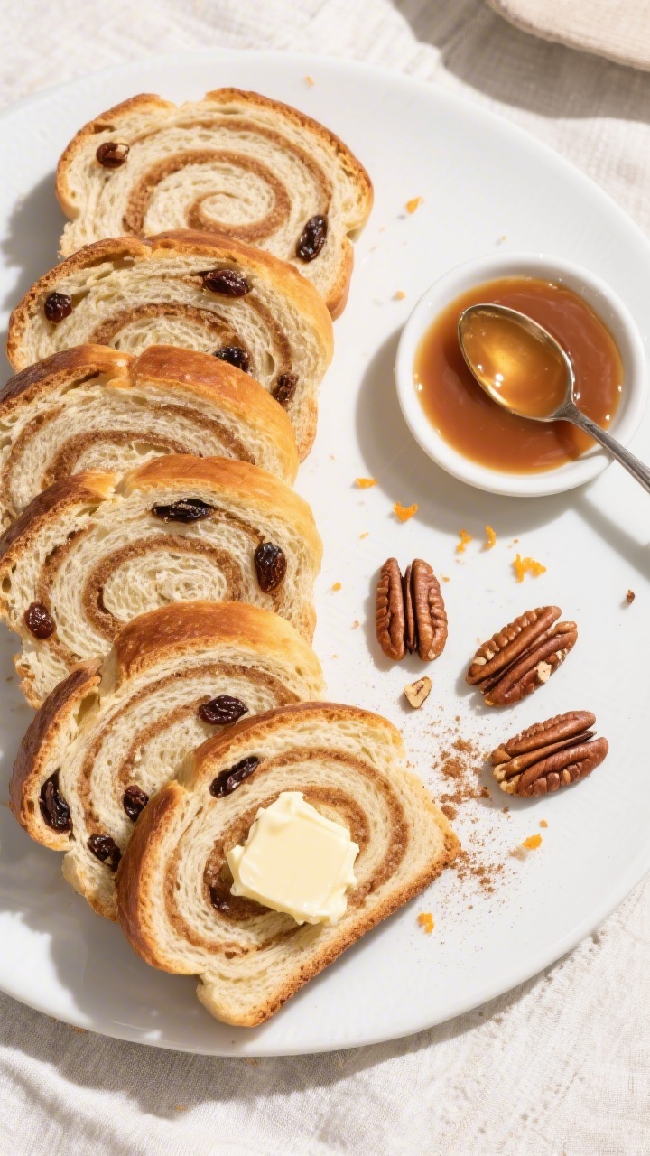 Tasty top view, final presentation: Overhead shot of thick and thin slices of cinnamon swirl bread f