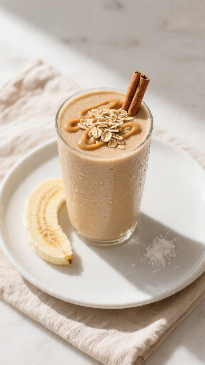 Tasty top-view final presentation: Overhead shot of the finished peanut banana smoothie in a wide tu
